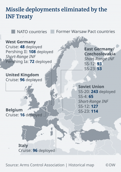 A map showing missile deployments eliminated by the INF treaty Карта, показывающая развертывание ракет, ликвидированных договором РСМД
